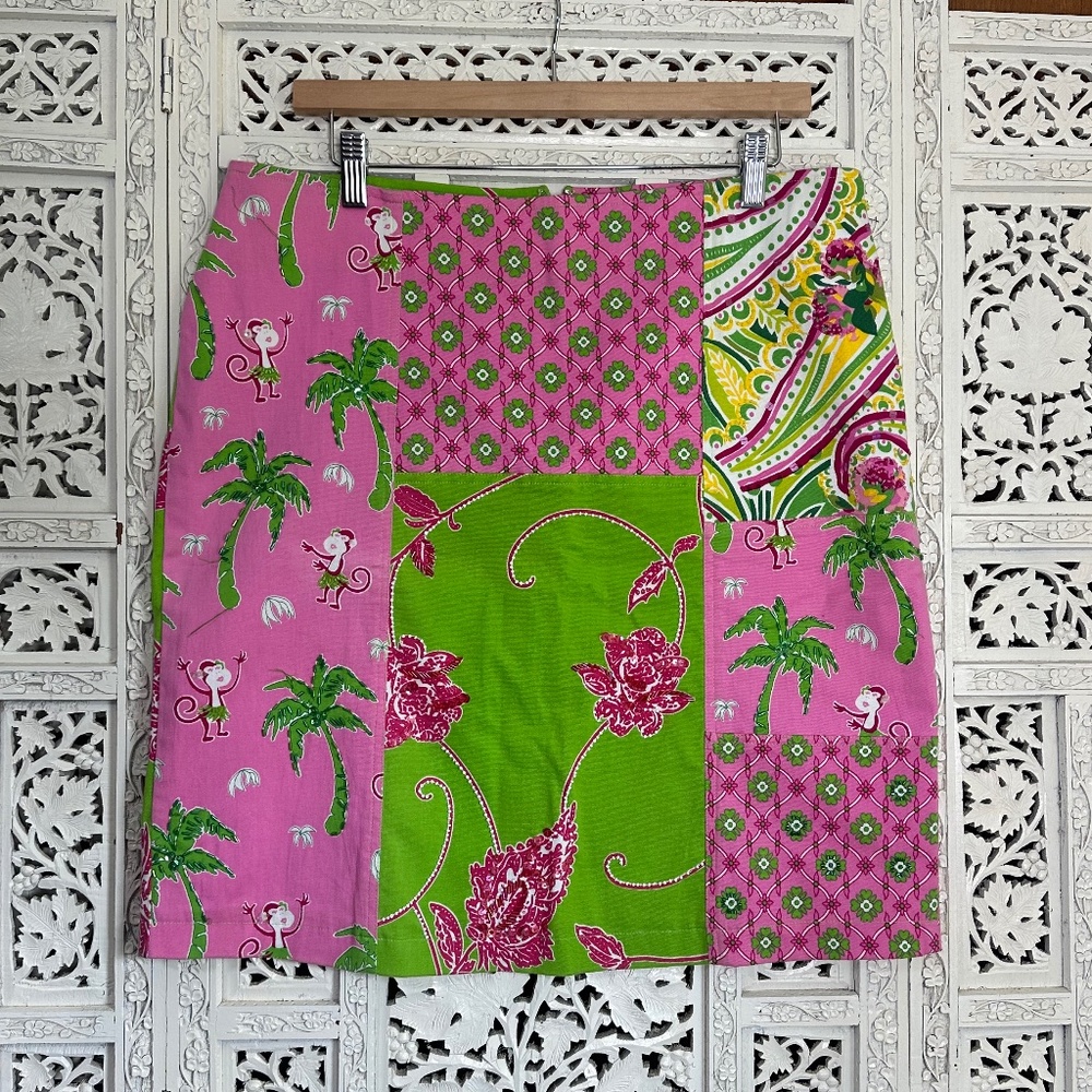 Vtg Pink & Green Fairy Core‎ Preppy Patchwork Beaded Sequin Knee Length Skirt